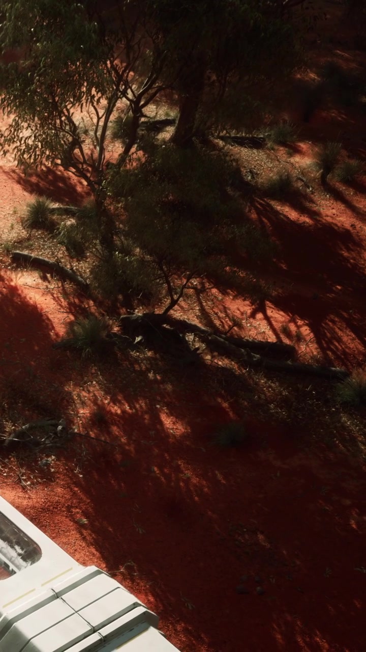 Vista di un paesaggio di terra rossa con alberi e ombre in un'area esterna