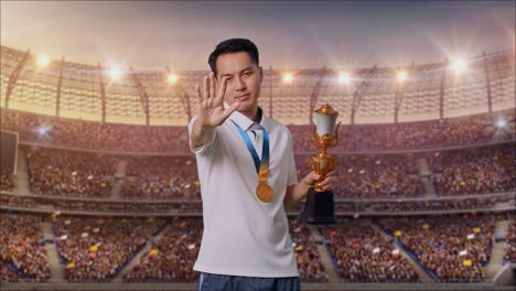 asian man with a gold medal and trophy disapproving with no hand sign at the stadium