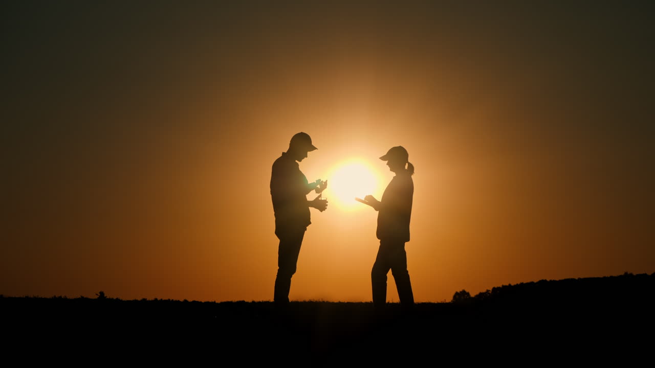 Agricoltori che discutono al tramonto