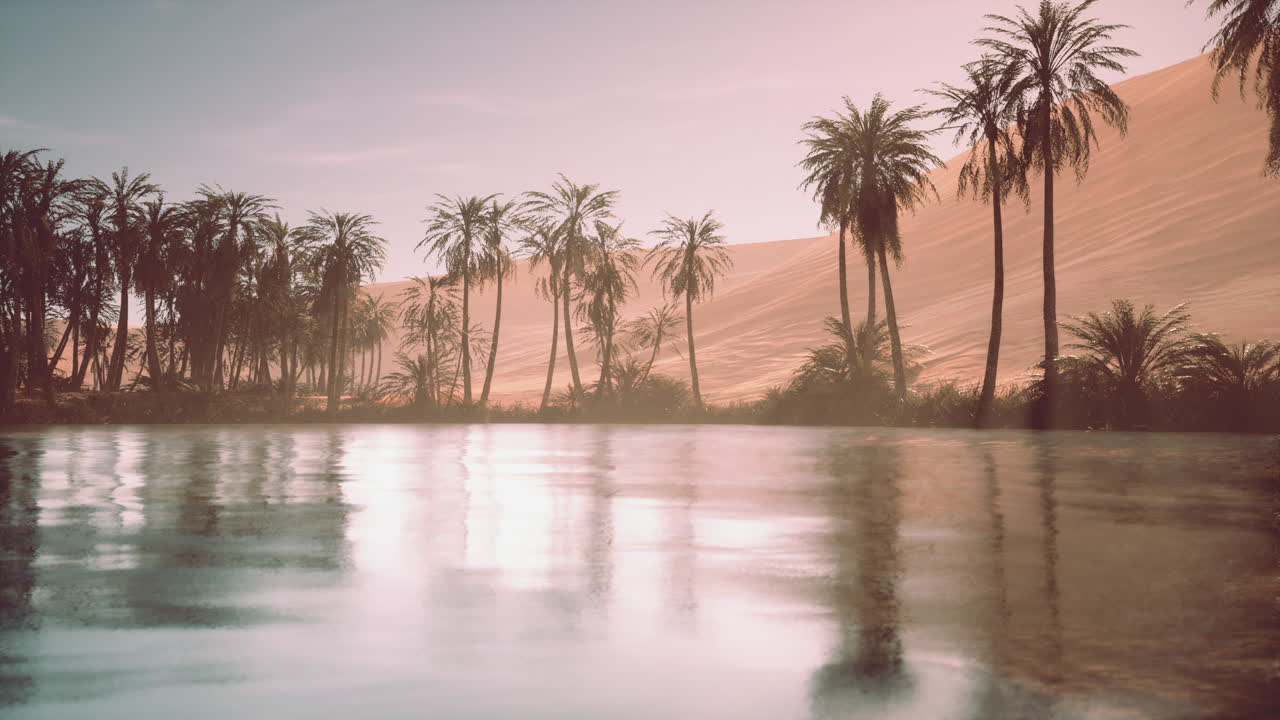 나무 가 있는 사막 의 오아시스 와 해 가 지는 동안 조용 한 호수