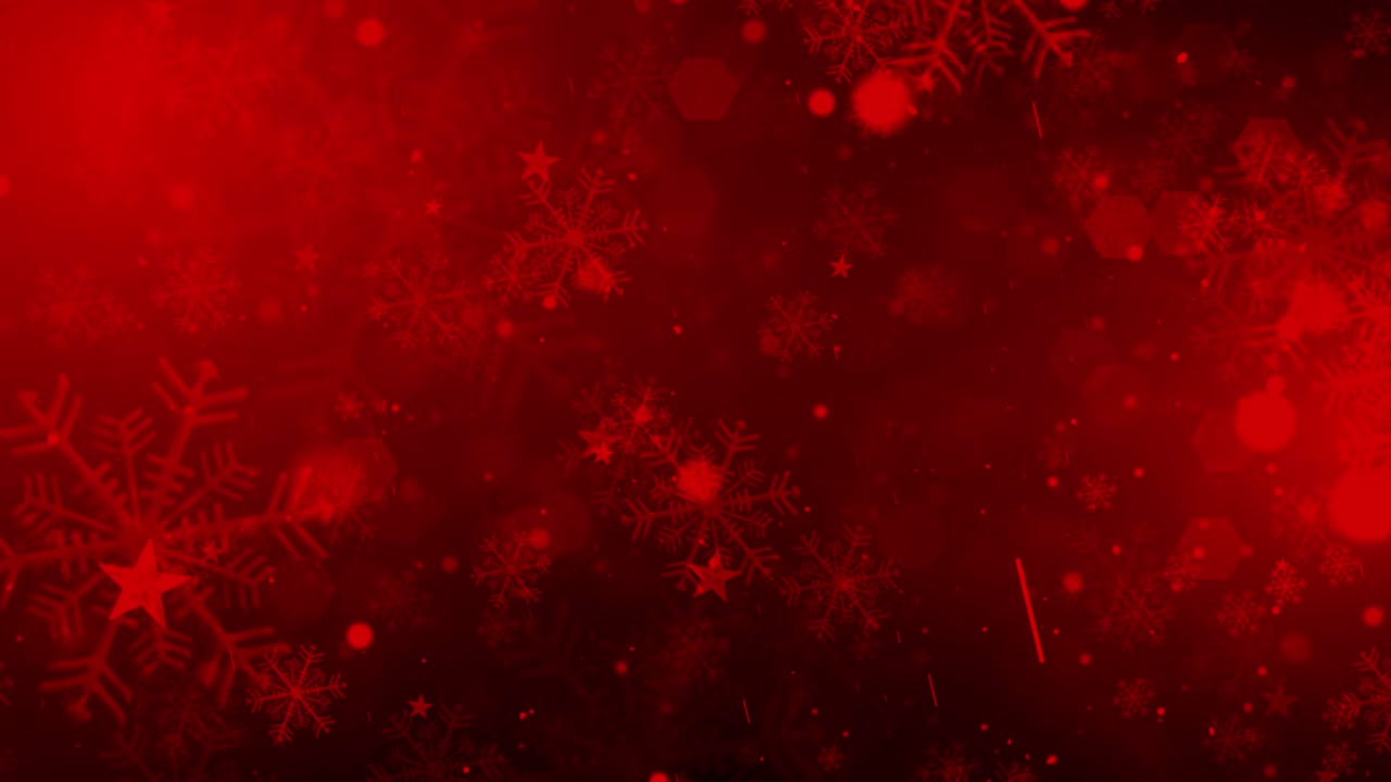 Sfondo rosso acceso con fiocchi di neve, stelle e bokeh che cadono. Ideale per allegri auguri di Natale e video di festa. Loop continuo
