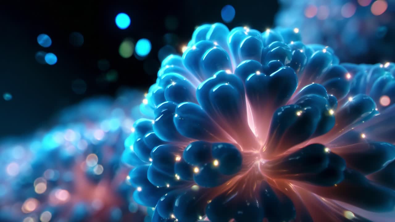 Esplora i dettagli ravvicinati più affascinanti di un bellissimo gruppo di organismi bioluminescenti e vivaci che ricordano coralli colorati, immersi in una luce soffusa e impreziositi da scintillii eterei in un ambiente buio