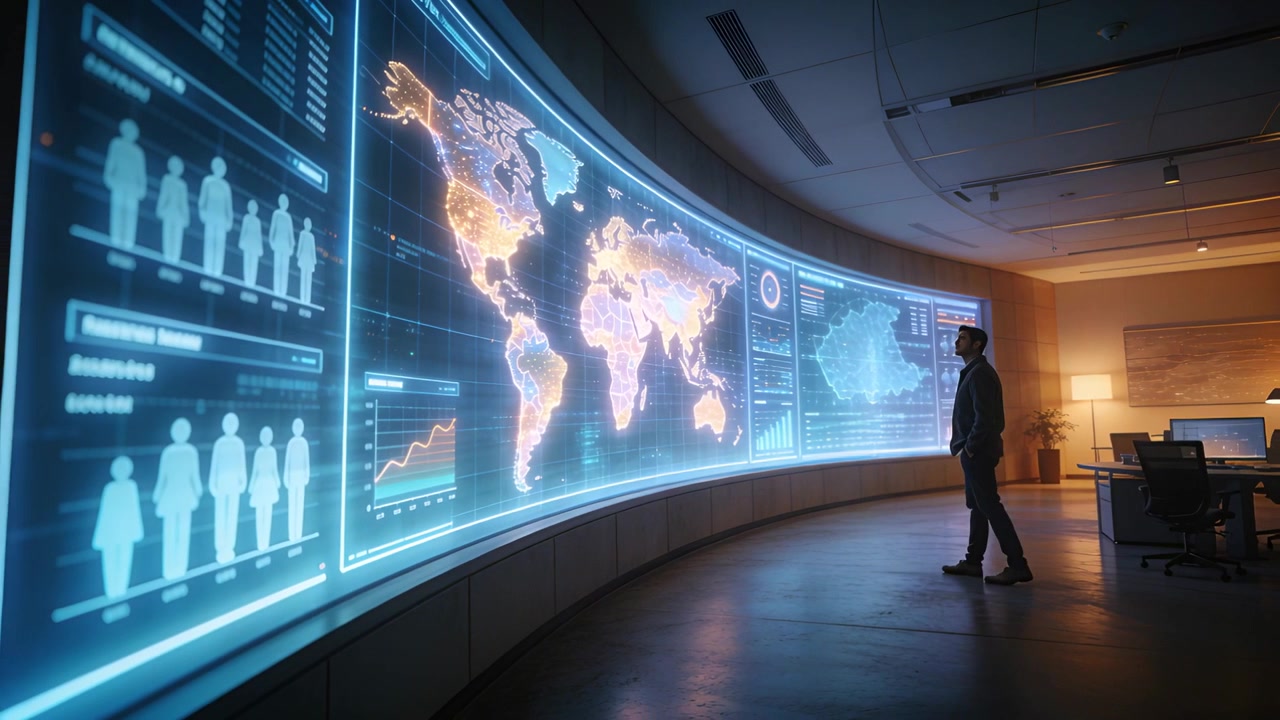Walking man wearing dark suit responding to animated world map charts on curved display, copy space