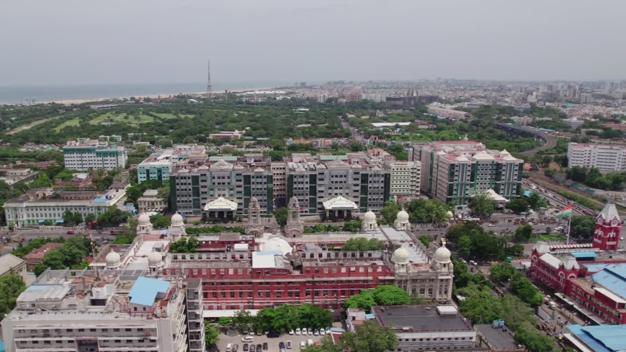 government hospital, Southern Railway Headquarters in chennai tamil nadu, daytime , 4k, drone shot