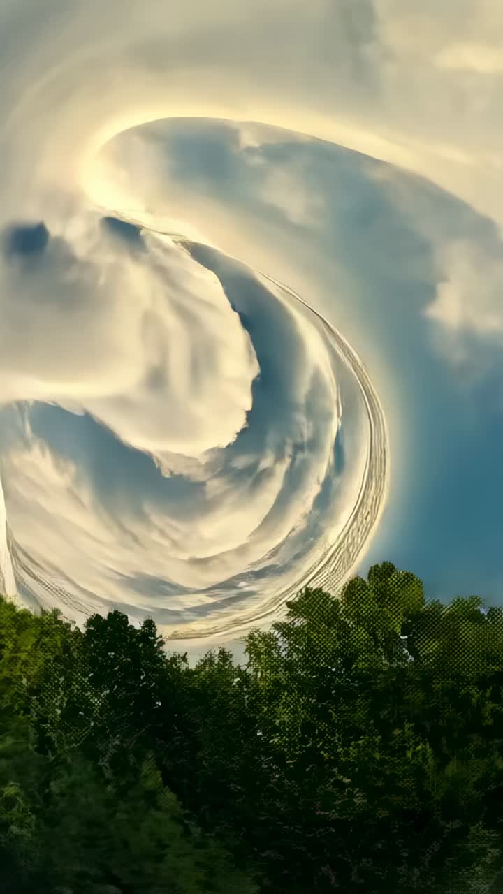 Vertical video: Rotating swirl opening waterfall pouring off cliff into clouds at dawn, copy space