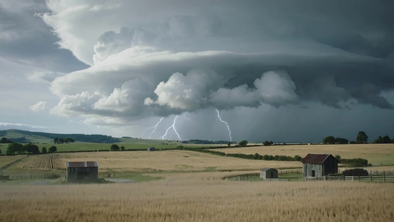 Intensiverende supercelle-sky bevæger sig frem over en hvedemark, pisker afgrøderne og slår ned nær laderne.