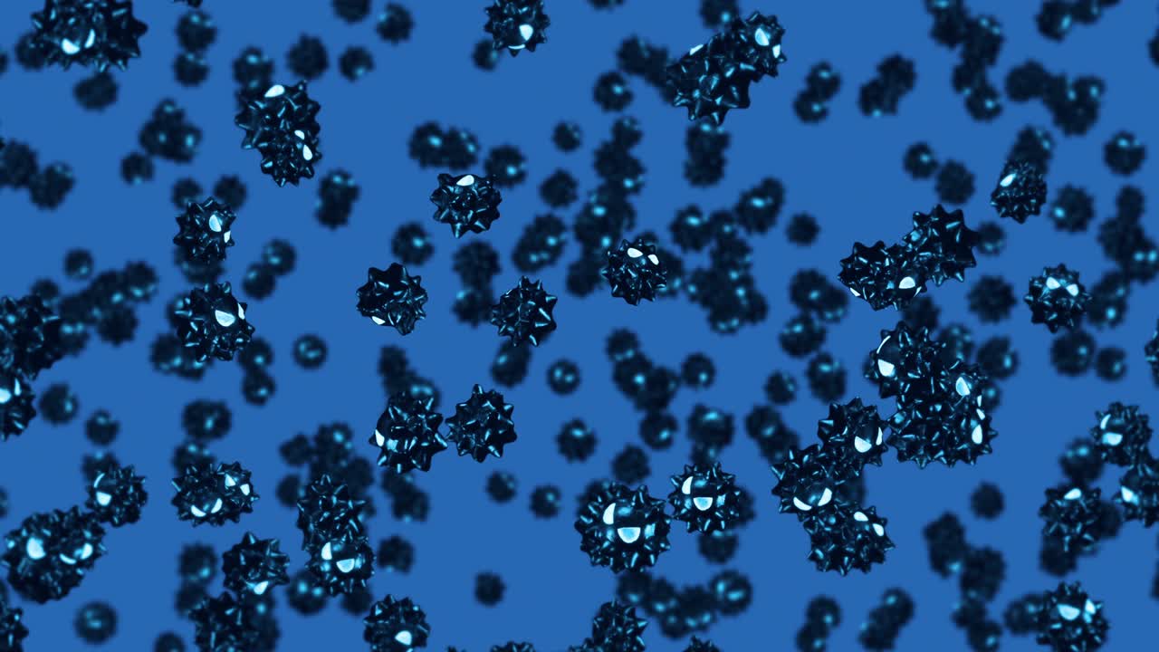 파란색 배경의 만화 캐릭터에서 많은 바이러스를 날아다니는. 의학 개념. 화를 내는 재미있는 검은 바이러스 마스코트. 3d 루프 애니메이션.