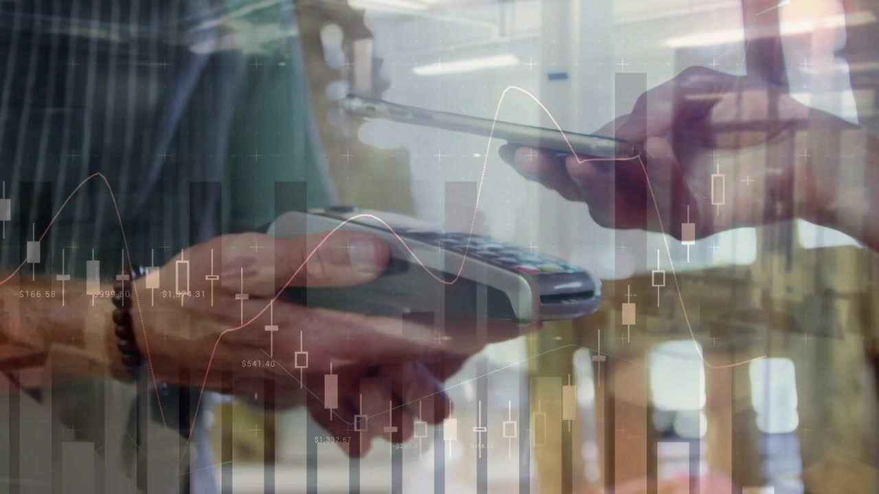 Buyer bringing phone to POS, clerk aligning POS, tapping, paying with finance charts overlaying