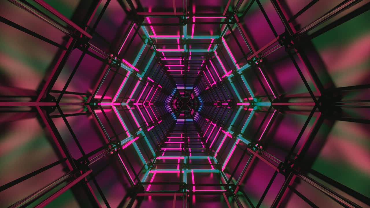 A captivating tunnel of lights showcases a seamless loop of vibrant colors. The arrangement of neon tubes creates a mesmerizing effect, drawing viewers into a dynamic experience