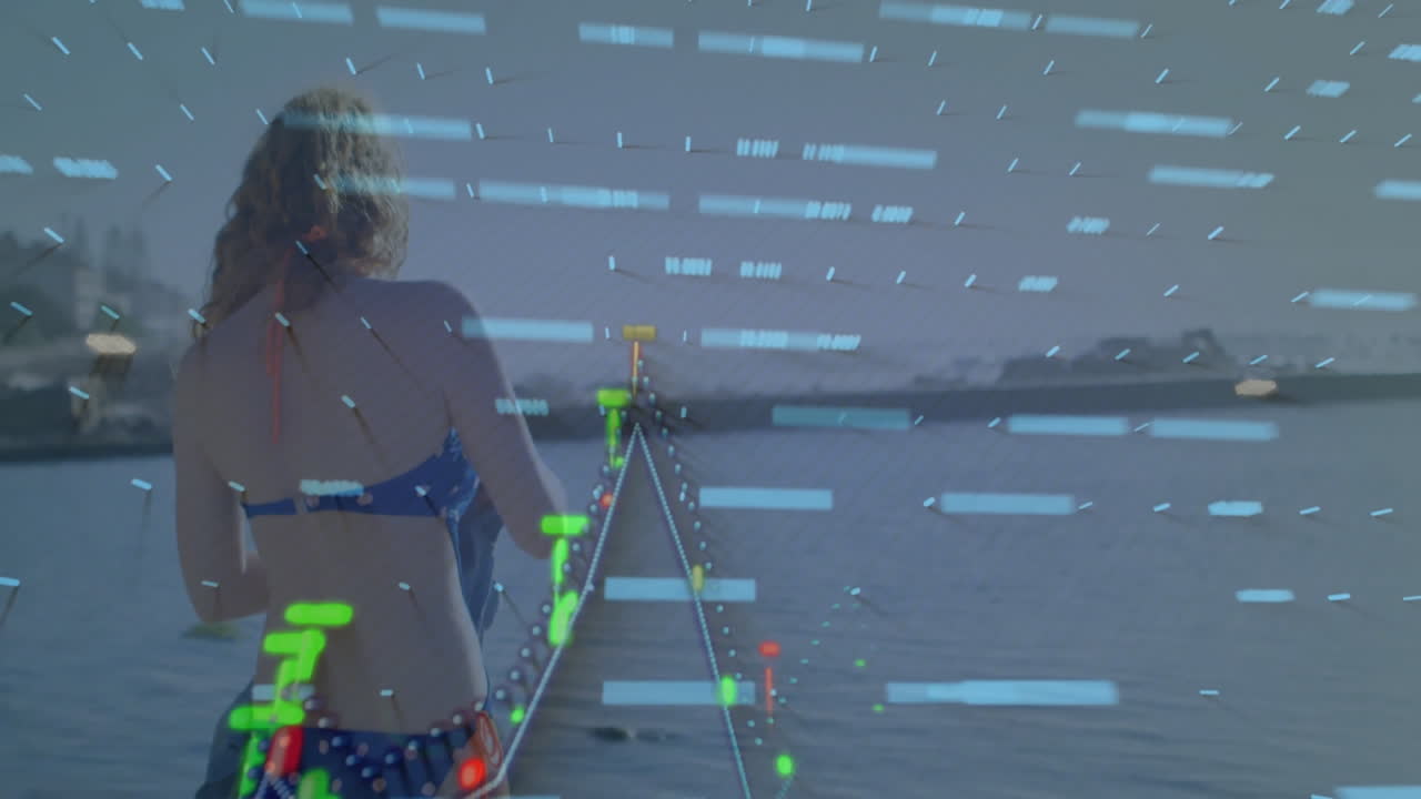 Woman in swimsuit at beach with digital data processing animation overlay