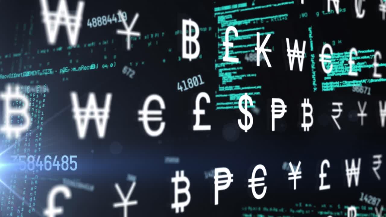 다중 통화 기호와 검은색 배경에 대한 데이터 처리를 가진 인터페이스의 애니메이션