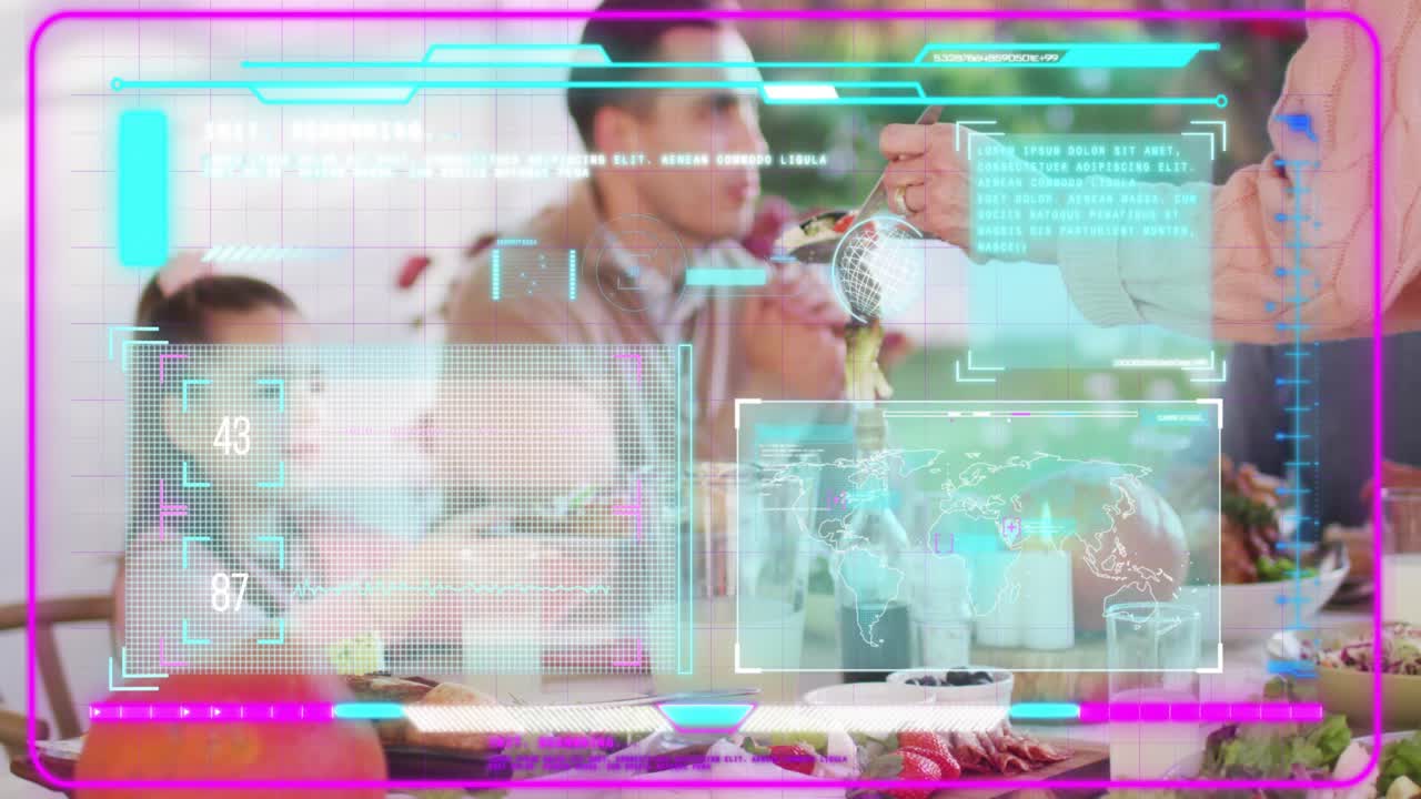 Adult woman lifting tongs to serve salad at family dinner, HUD scanning nutrition counters