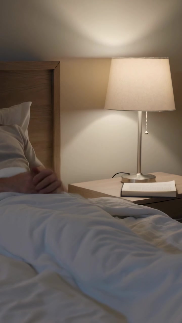 Vertical video: Closing book man in white tee reaching lamp chain at bedside, settling for sleep