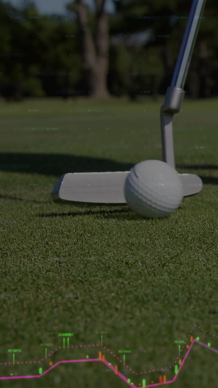Vertical video: Female golfer pulling putter, contacting golf ball on green for aim, HUD peaking