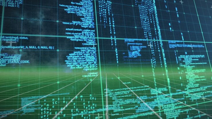 Animation of data processing over green grid network against blue background