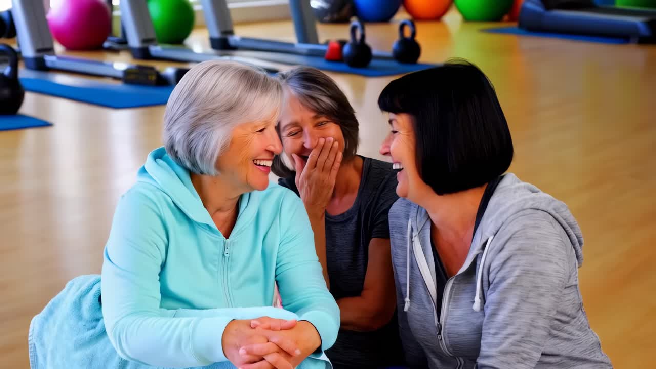 Senior Women Laughing and Resting at the Gym After a Workout.