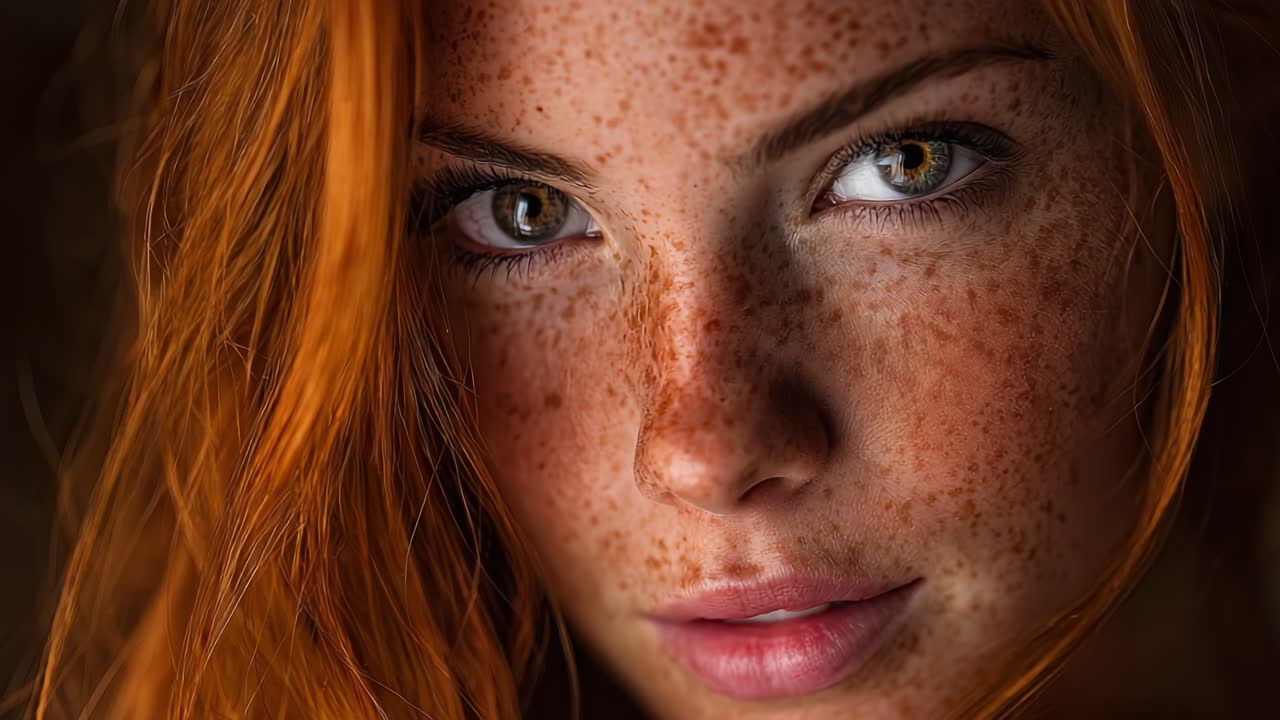 Captivating Close-Up of a Freckled Redhead with Striking Eyes Enhancing Natural Beauty in Soft Lighting