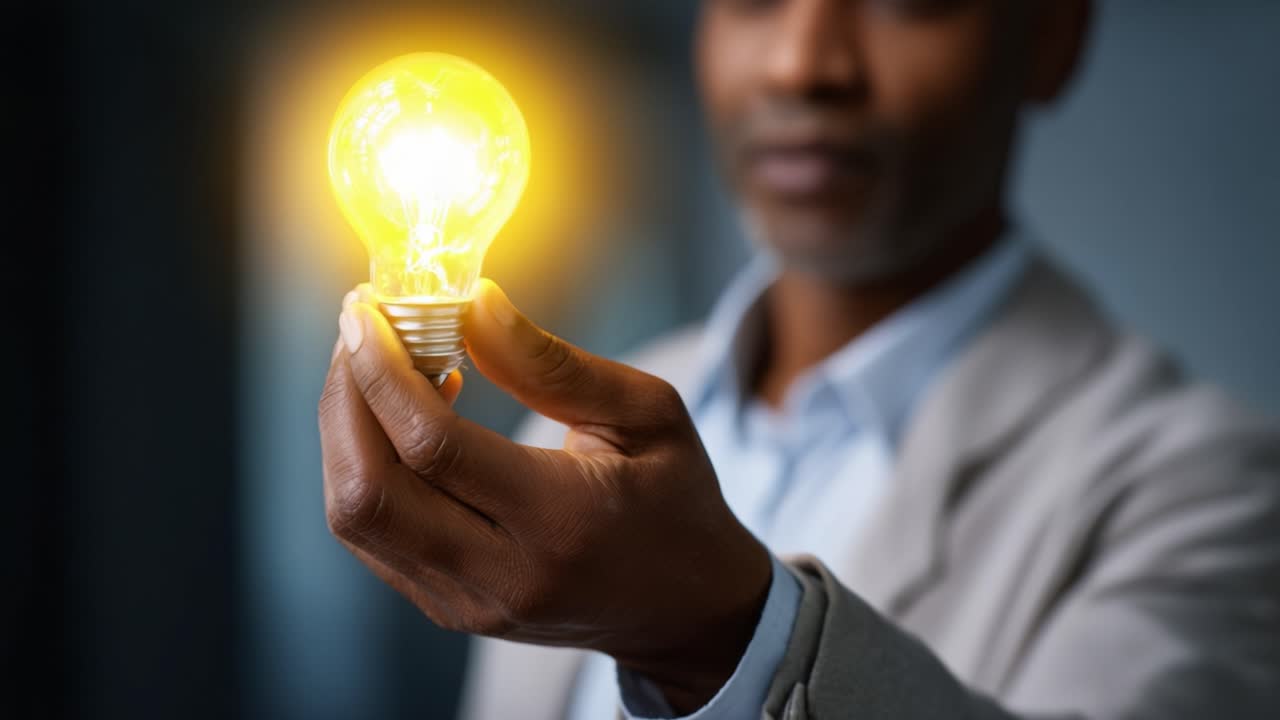 A man holds a glowing light bulb, symbolizing innovation, creativity, and new ideas, showcasing the transformative power of light in a thoughtful moment