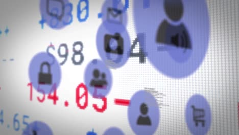 animation of stock exchange financial data processing with social media digital icons