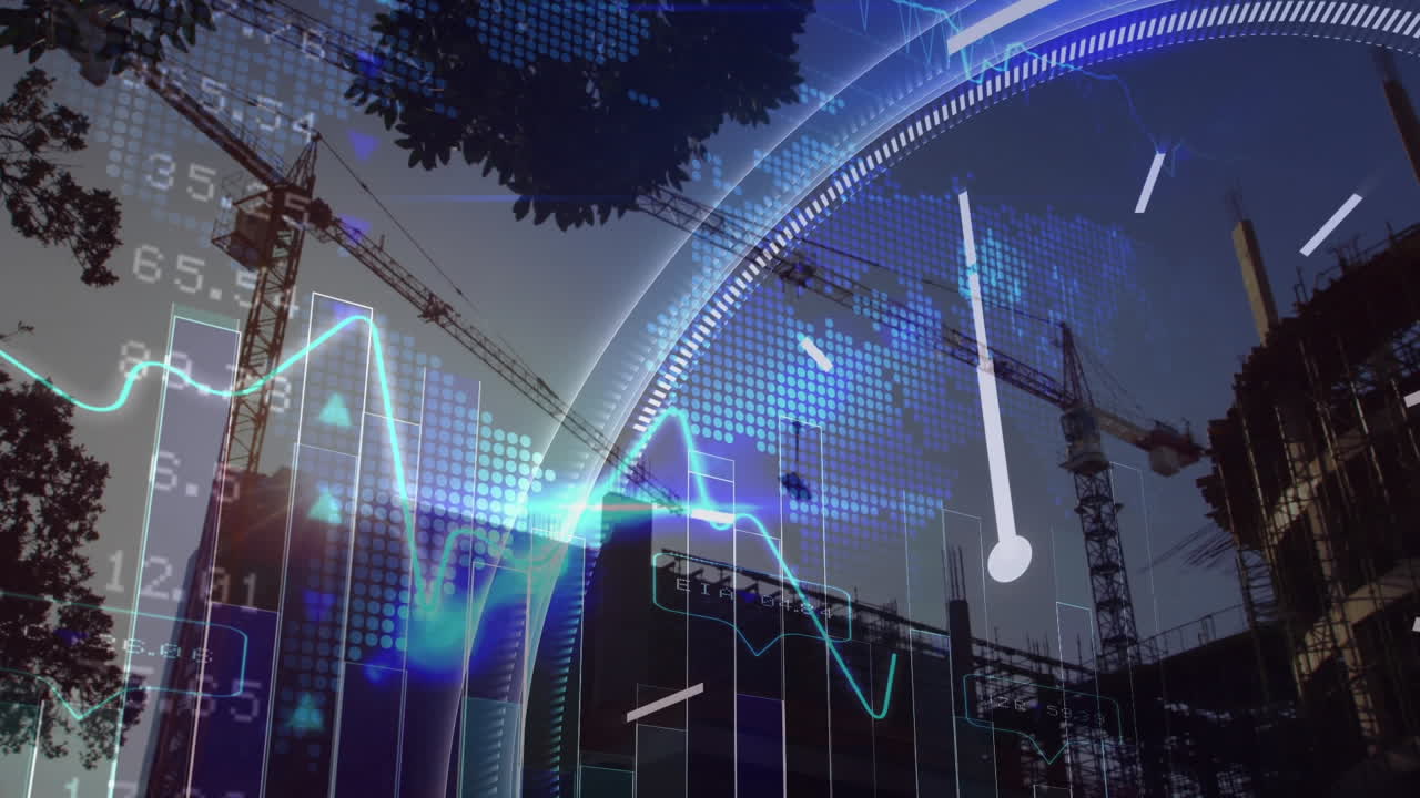 건설 현장에서의 시계 및 금융 데이터 처리의 애니메이션