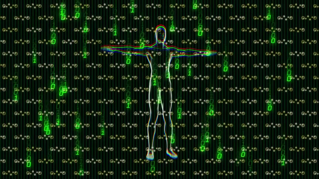 Bij het starten van binaire stromen roteert een wireframe mensfiguur op een verticale as, die de gegevensstroom visualiseert.
