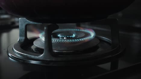 video of a black gas stove with blue and red burning flame in the kitchen