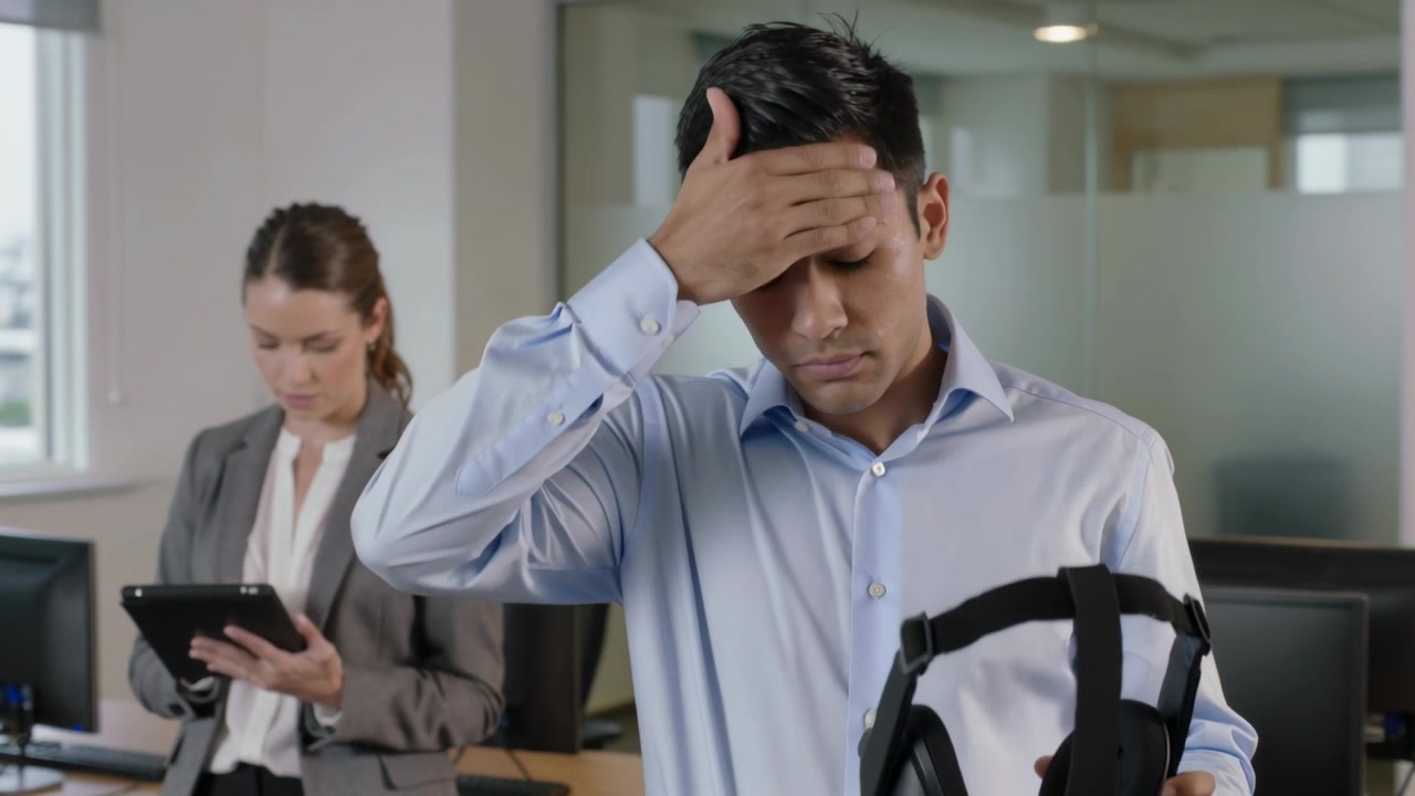 Homem de camisa azul ajustando óculos de VR durante demonstração, verificando o ajuste da alça com colega de trabalho usando tablet.