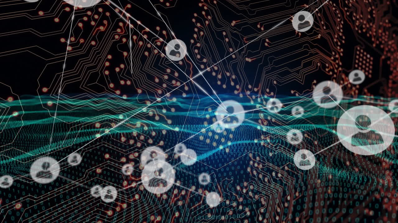 Network of connections and data processing animation over circuit board background