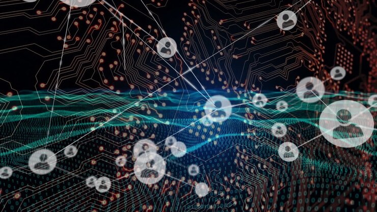 Network of connections and data processing animation over circuit board background