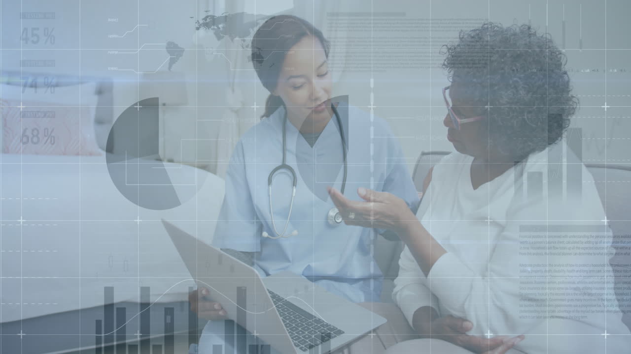 Animation of data processing over african american female doctor talking to a female patient