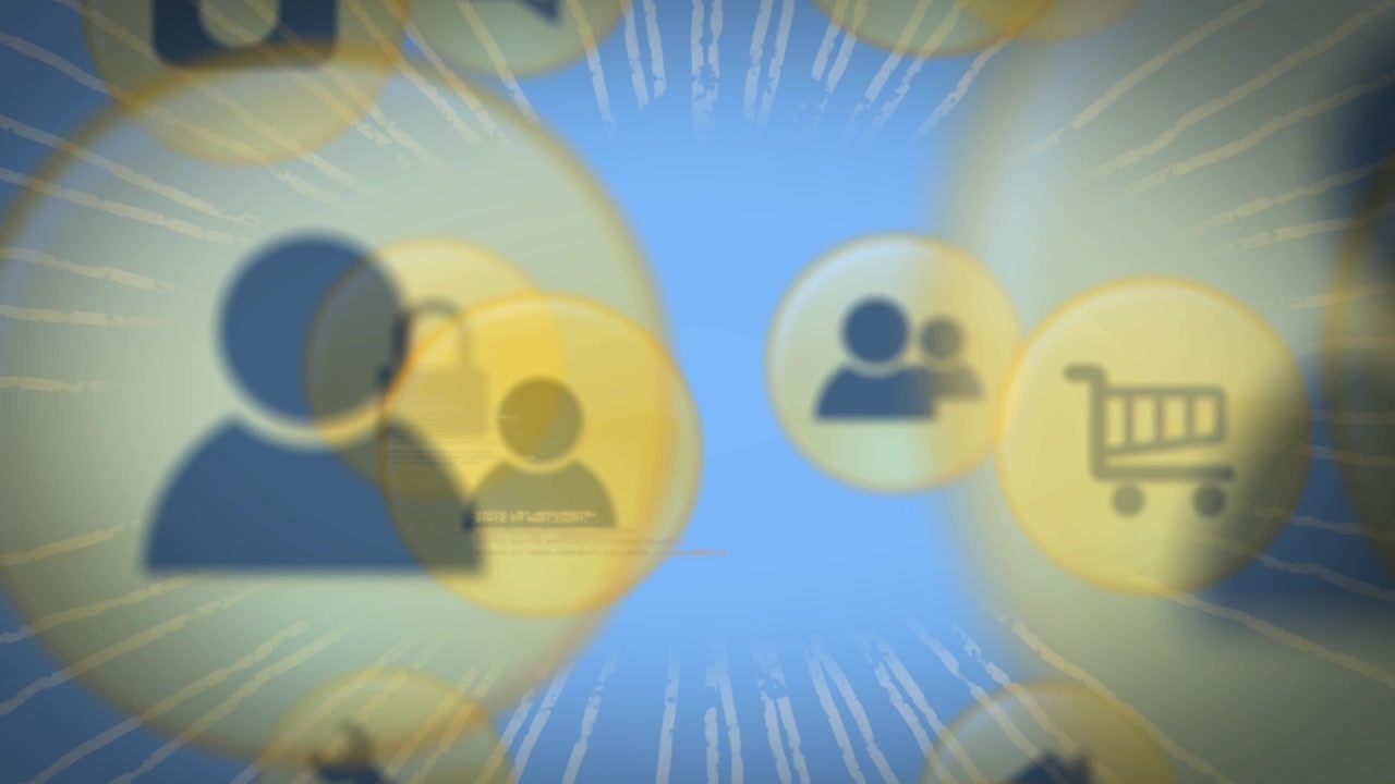 Animation af digitale ikoner og databehandling over lysspor mod en blå baggrund