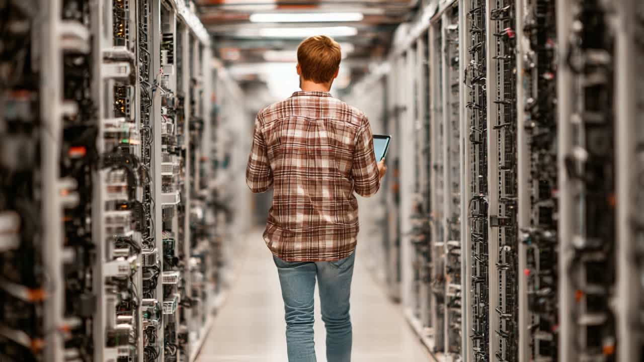 A tech-focused individual navigates through a maze of data servers, embodying the complex yet crucial role of technology in modern connectivity and data management