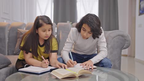 hermanos indios estudiando y aprendiendo juntos en casa