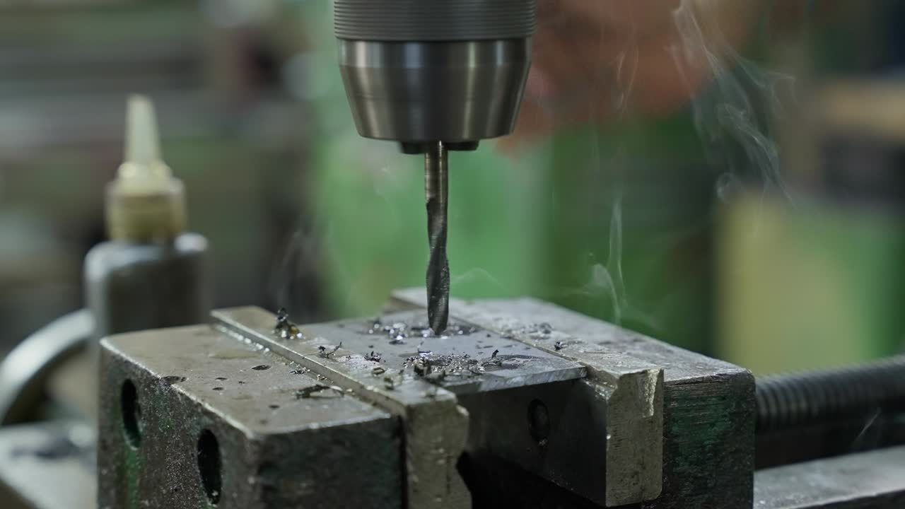 metal drill penetrates steel sheet in vise during industrial workshop process