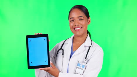 Arzt,-Frauengesicht-Und-Tablet-Auf-Grünem-Bildschirm