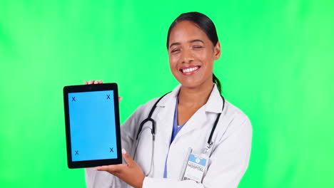 Médico,-Rostro-De-Mujer-Y-Tableta-En-Pantalla-Verde