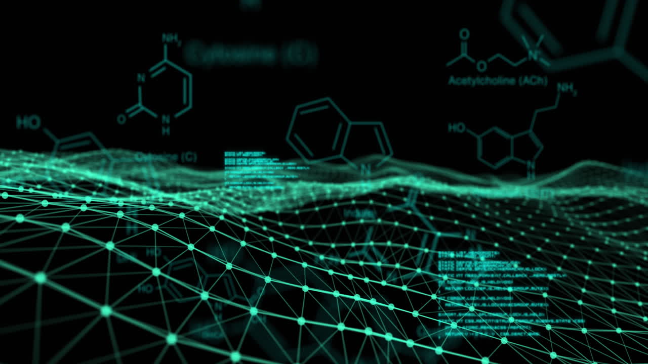 Chemical structures and data processing against digital wave on black background