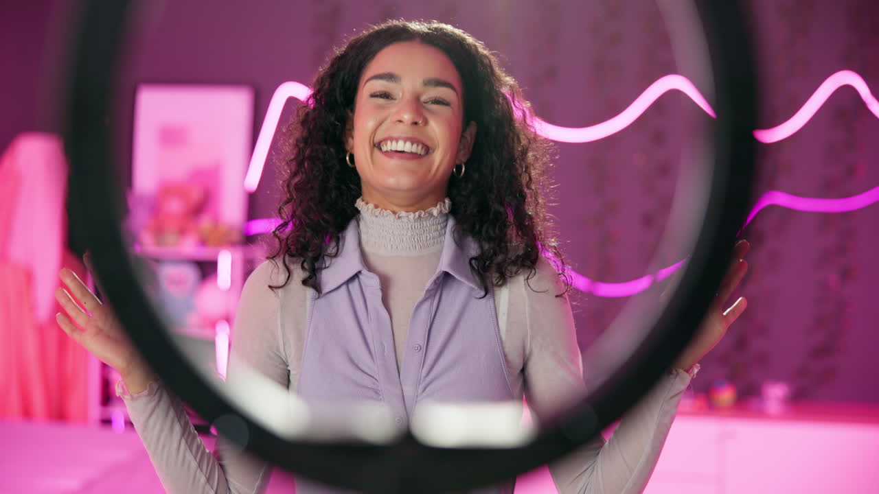 Woman filming vlog with ring light