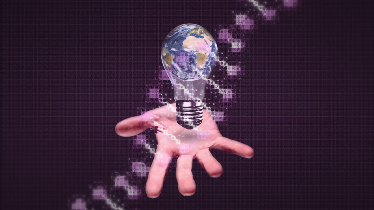 Holding light bulb with Earth inside, animation in digital pixelated background