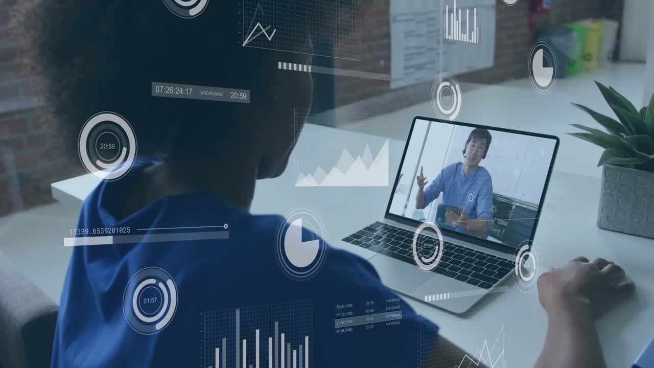 Animation of financial data processing over african american businesswoman on laptop video call