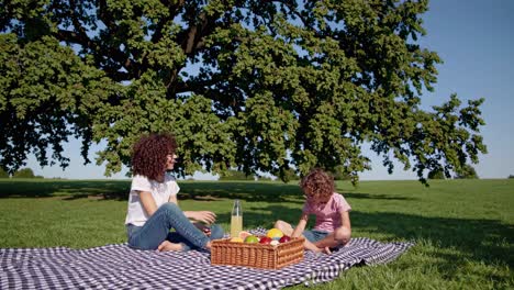 loving mother sharing peaceful summer moment with young child, sitting on picnic blanket under shade tree, enjoying fresh fruits and juice in lush green landscape