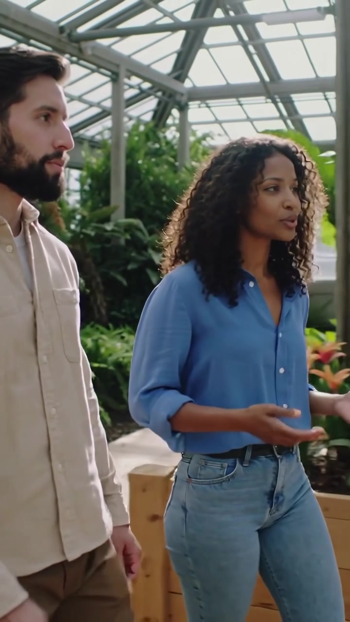 Vertical video: Walking woman in blue top starting chat, gesturing, explaining plants in greenhouse