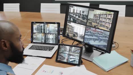 oficial de seguridad afroamericano viendo las vistas de las cámaras de cctv en pantallas de computadora, cámara lenta