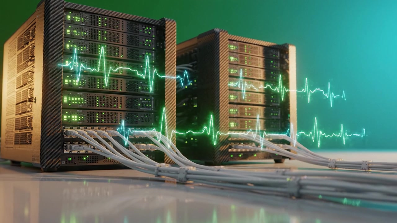 Centri dati caratterizzati da server avanzati con connessioni di rete visibili e visualizzazioni di monitoraggio dello stato per prestazioni operative migliorate.