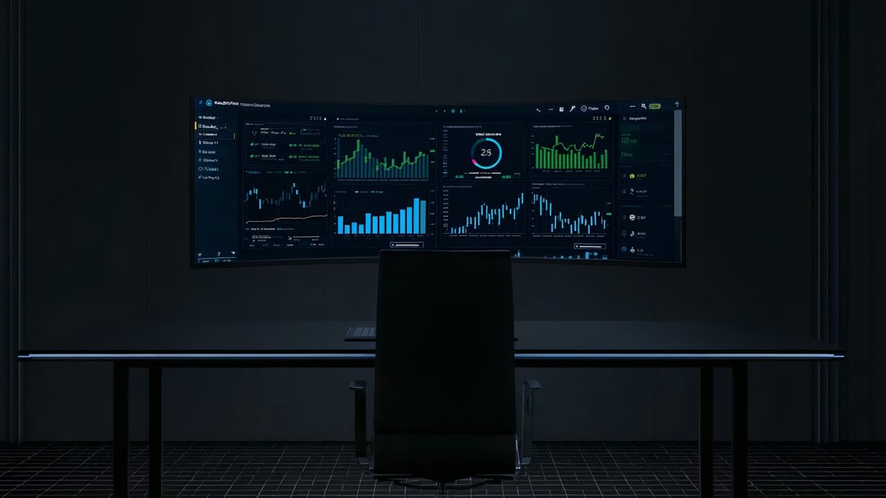 Zooming camera initiating curved monitor updating gauges, charts with desk, chair in dark room