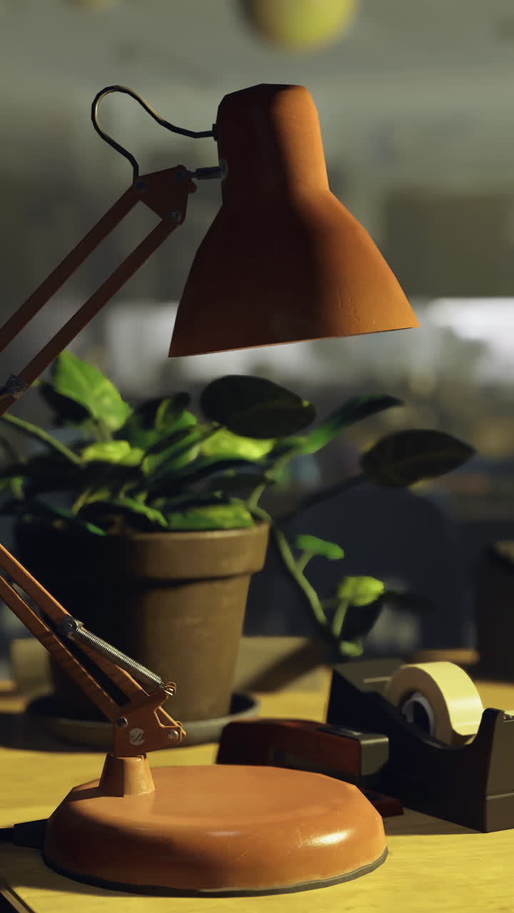 Desk lamp illuminates workspace in a classroom with plant and tape dispenser