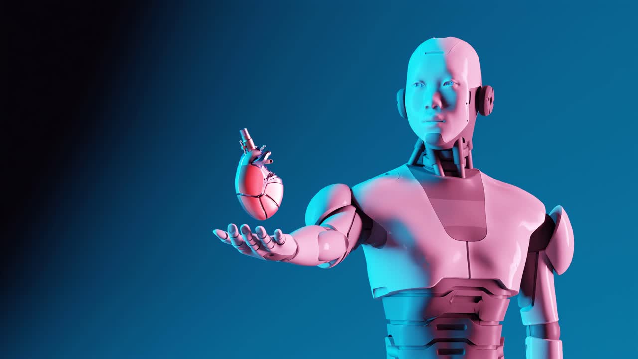 robot médico que sostiene un corazón electrónico, renderizado en 3d, robot humanoide, robótica, inteligencia artificial, tecnología médica