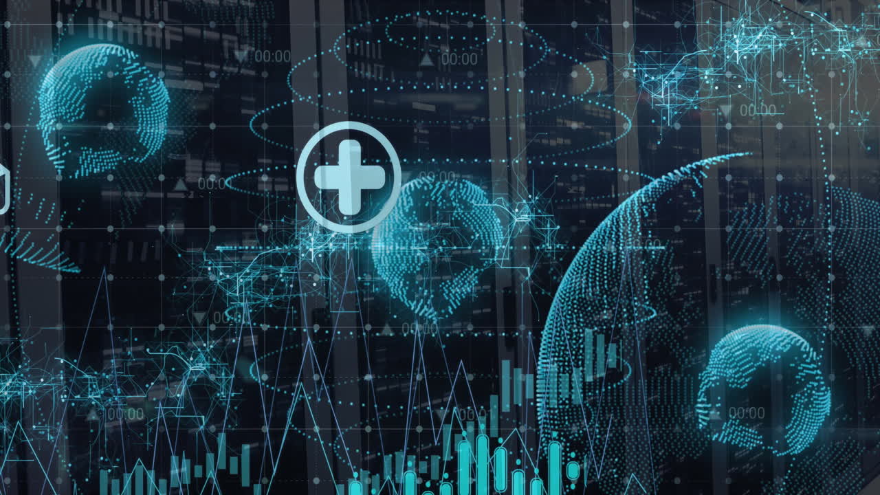 미디어 아이콘과 서버 에서 다이어그램과 글로브의 애니메이션