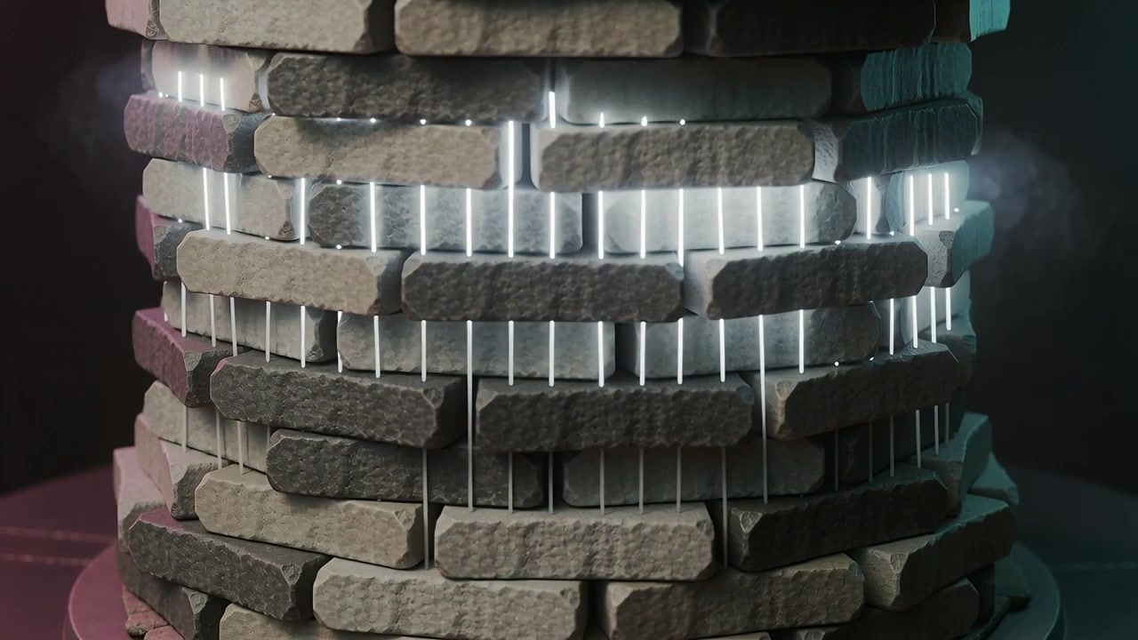 Starting light band activating vertical rods between bricks on pedestal, adding teal magenta haze