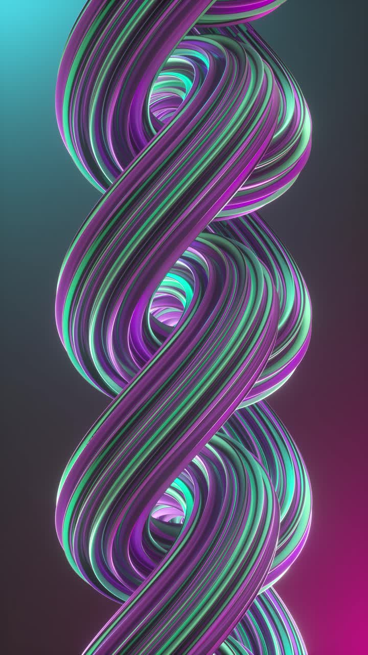 3D animation loop Of Twisted Colorful blue and purple shapes over neon light background